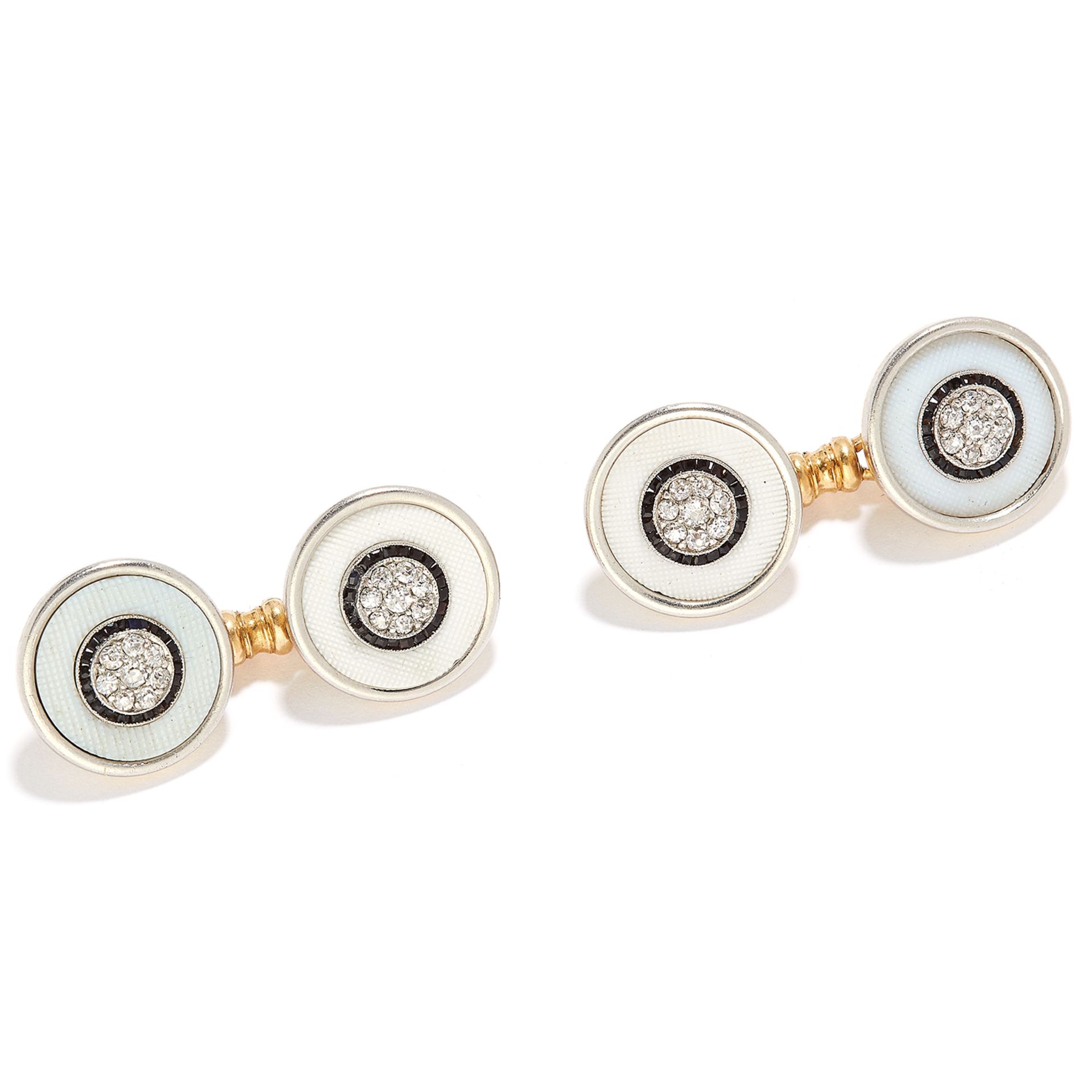 ANTIQUE DIAMOND, ONYX AND ENAMEL CUFFLINKS in 14ct yellow gold, in Art Deco design set with old