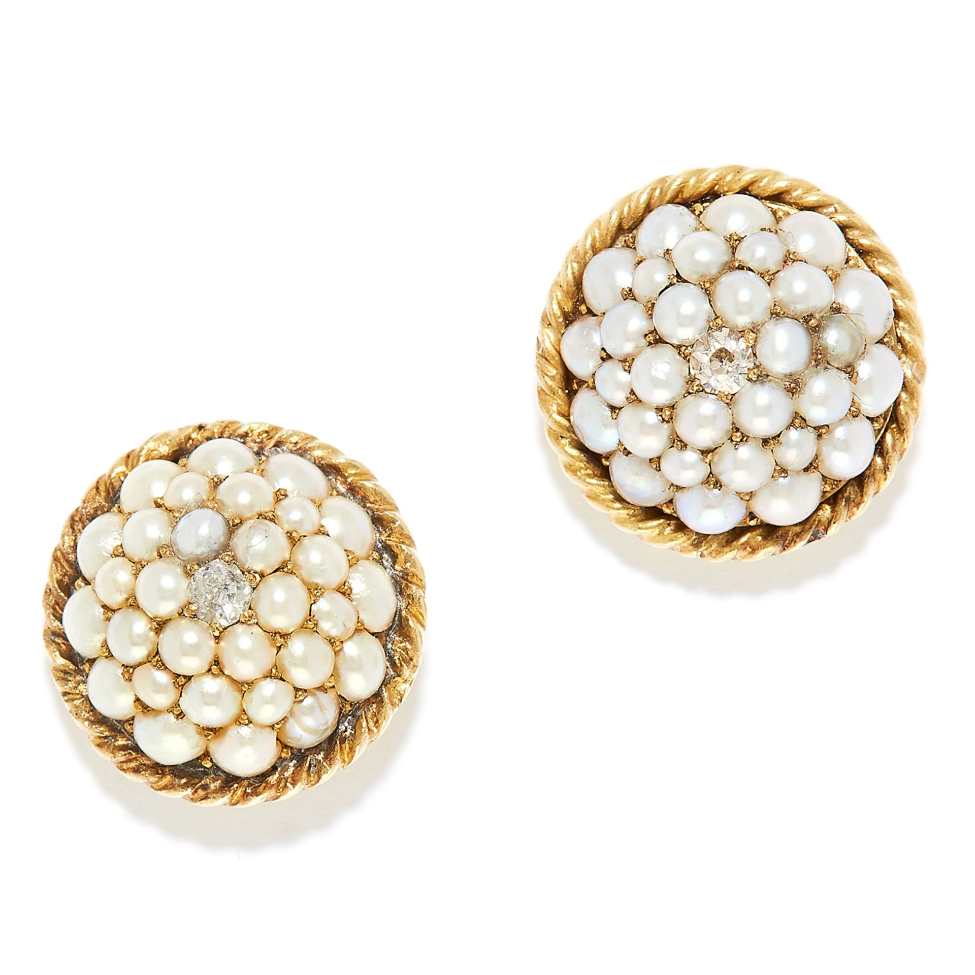 ANTIQUE PEARL AND DIAMOND EARRINGS in high carat yellow gold, each set with seed pearls and an old