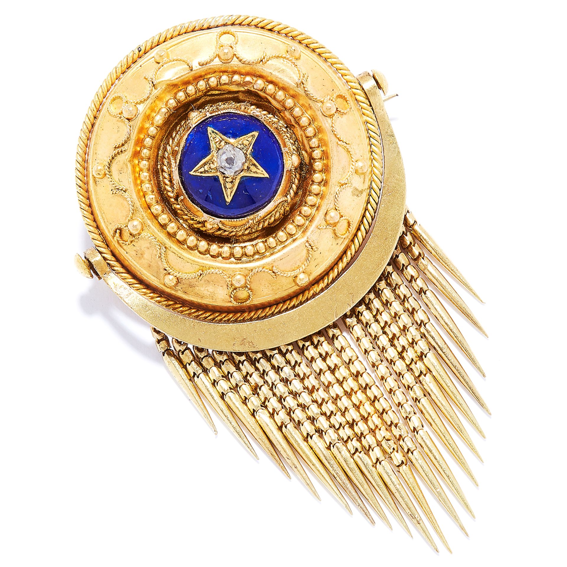 ANTIQUE DIAMOND AND ENAMEL MOURNING BROOCH in high carat yellow gold, in Etruscan revival manner,