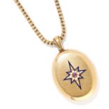 ANTIQUE GARNET, PEARL AND ENAMEL LOCKET in 14ct yellow gold, set with a cabochon garnet, pearls