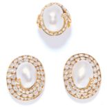 VINTAGE NATURAL PEARL AND DIAMOND RING AND EARRINGS SUITE, VAN CLEEF & ARPELS in 18ct yellow gold,