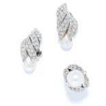 PEARL AND DIAMOND EARRINGS AND RING SUITE, CIRCA 1930 in platinum, each set with a pearl in