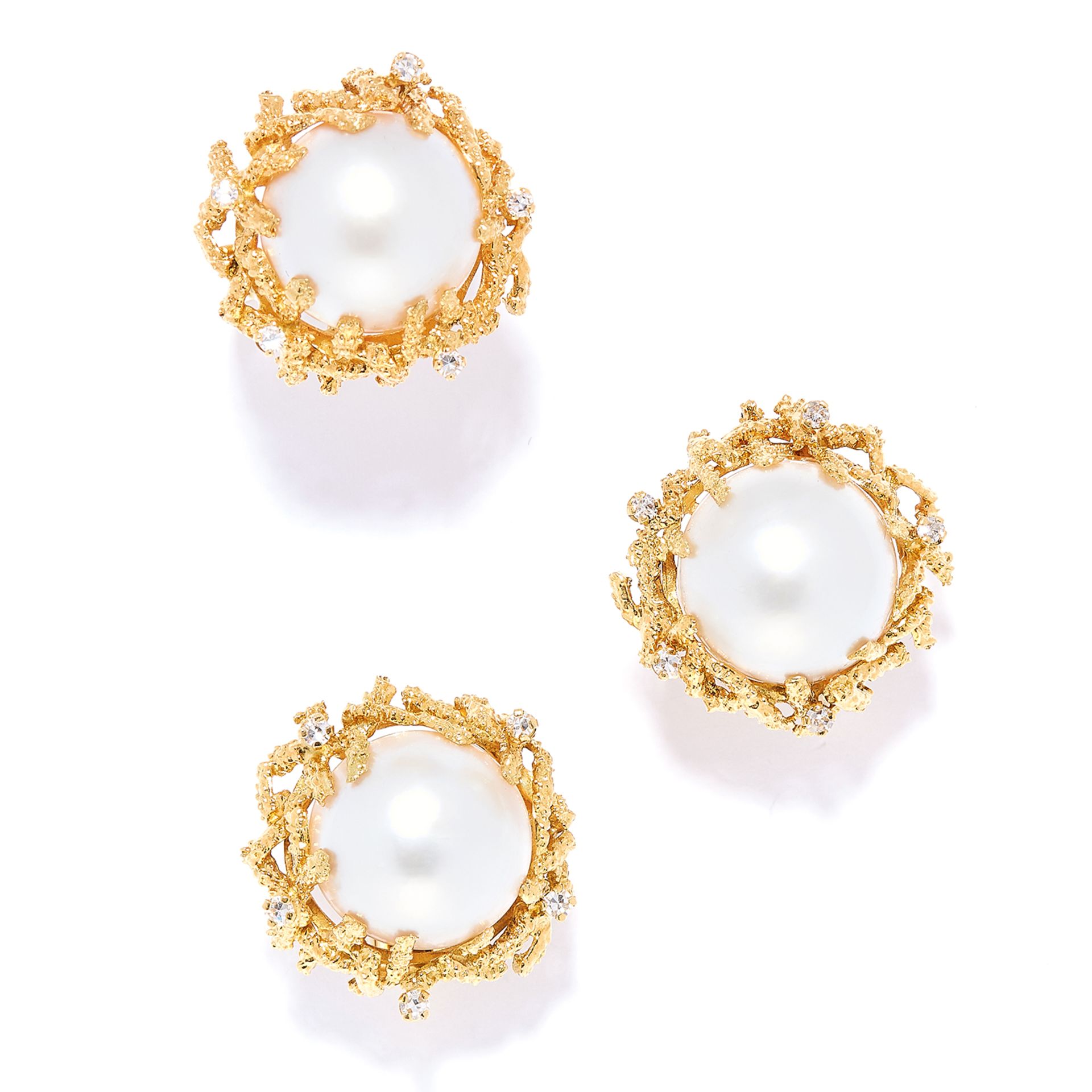 PEARL AND DIAMOND RING AND EARRINGS SUITE, BEN ROSENFELD, CIRCA 1976-77 in 18ct yellow gold, each