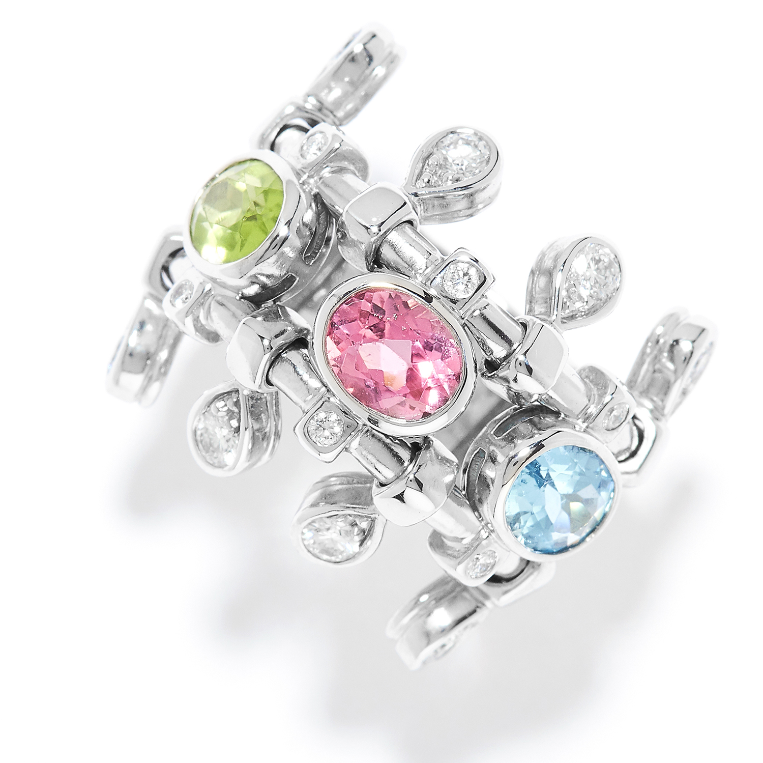 AQUAMARINE, TOURMALINE, PERIDOT AND DIAMOND RING, CHRISTIAN DIOR in 18ct white gold set with oval