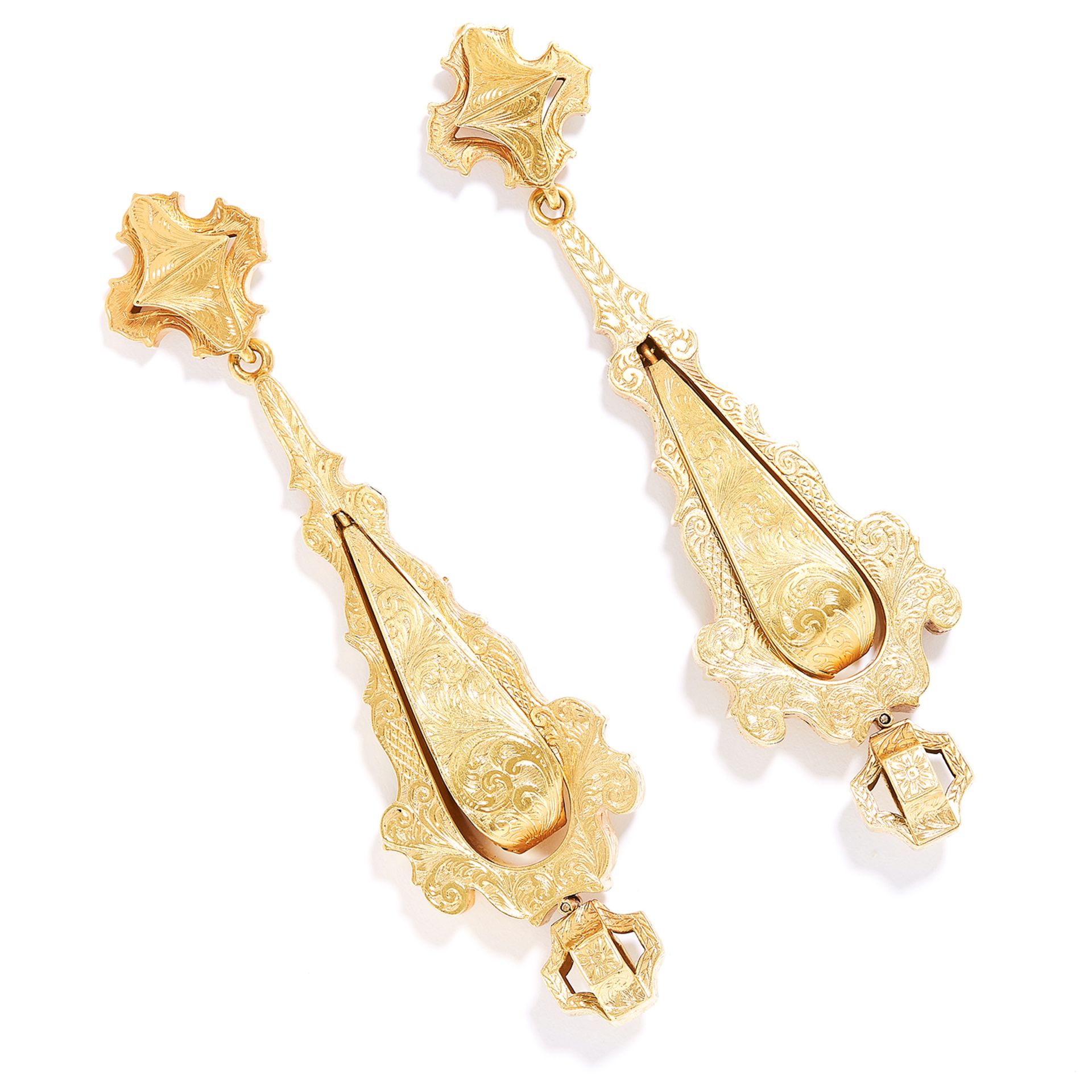 ANTIQUE ARTICULATED DROP EARRINGS, 19TH CENTURY in high carat yellow gold, the stylised tapering