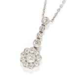 ANTIQUE DIAMOND CLUSTER NECKLACE in platinum or white gold, set with a floral cluster of old cut