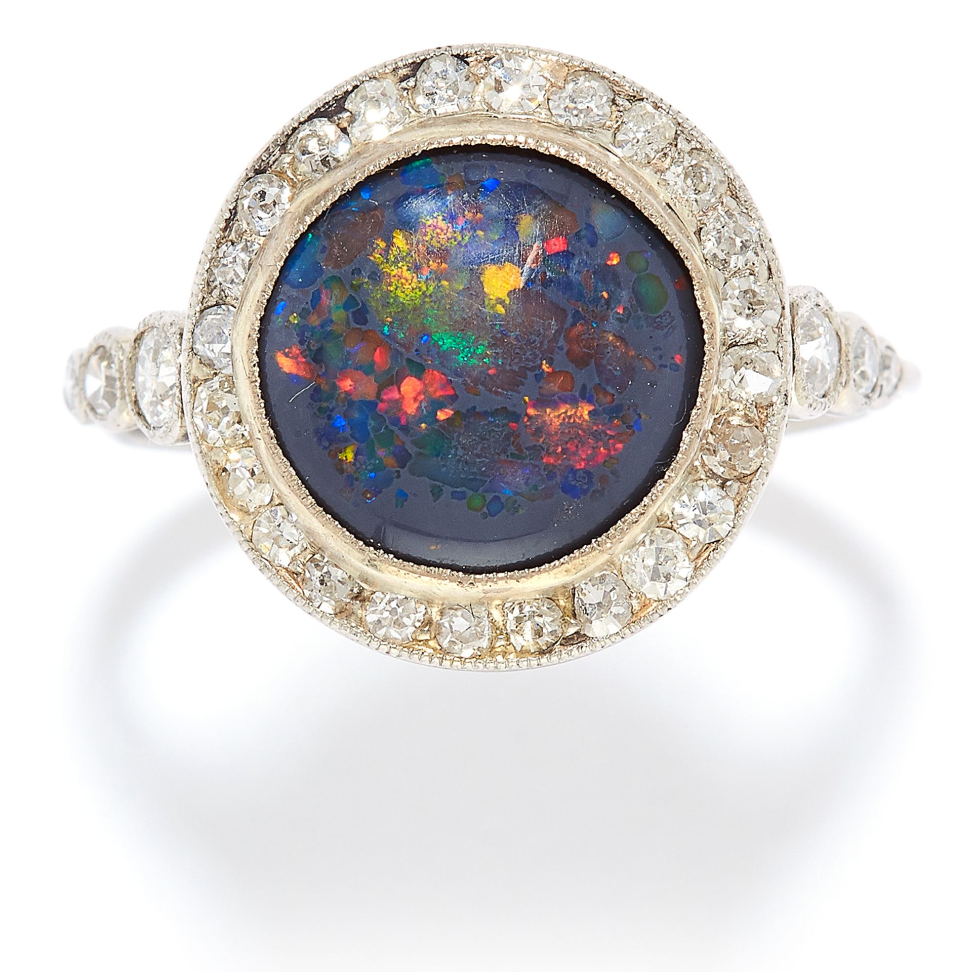 BLACK OPAL AND DIAMOND RING in white gold or platinum, set with a cabochon black opal of