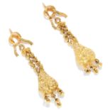 ANTIQUE PEARL DROP EARRINGS in high carat yellow gold, in decorated gold design suspending pearl