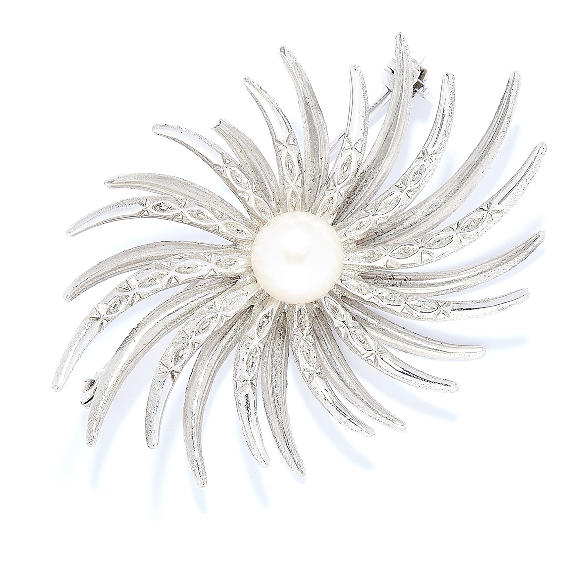 VINTAGE PEARL BROOCH in 18ct white gold, set with a pearl in abstract open floral motif, stamped