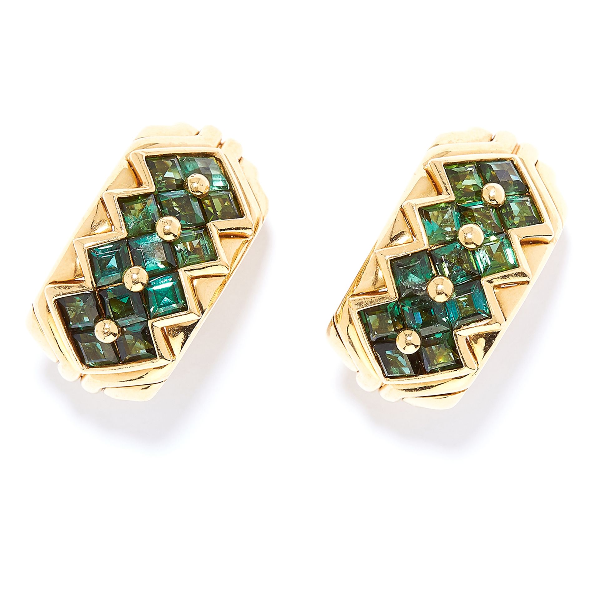 VINTAGE GREEN TOURMALINE EARRINGS, BULGARI in 18ct yellow gold, each set with square cut tourmalines