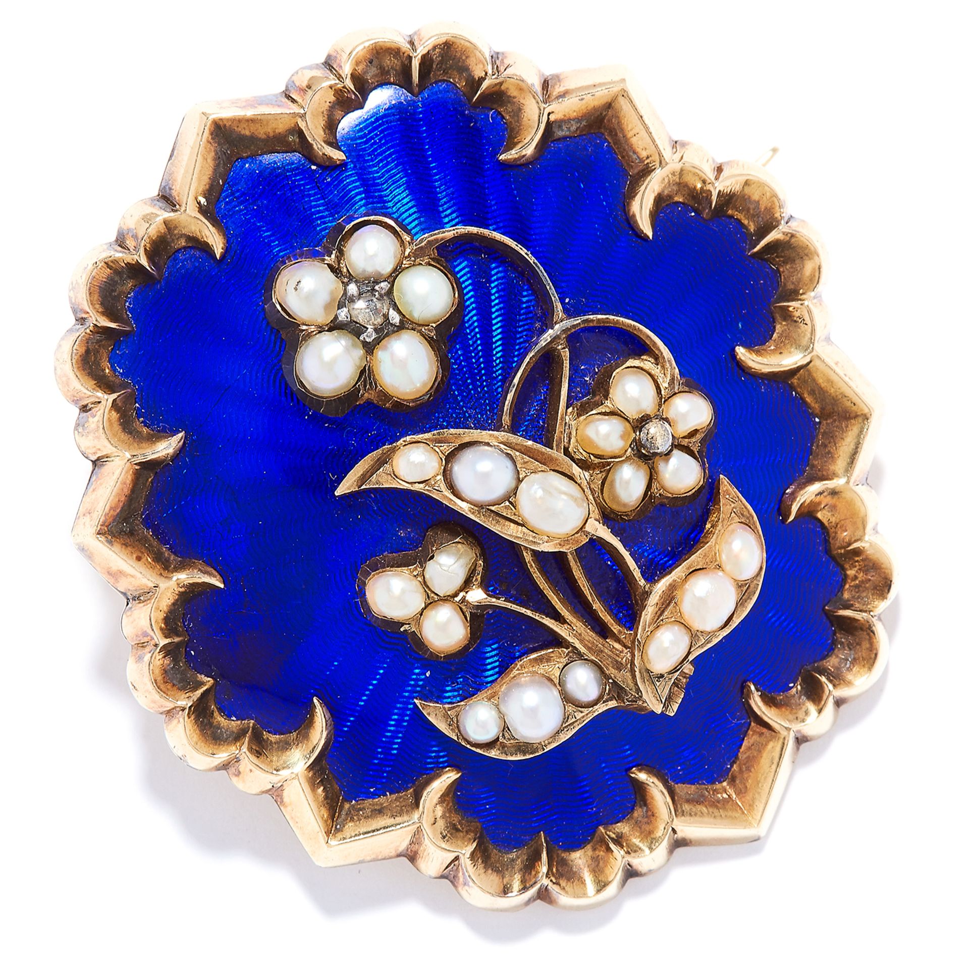 ANTIQUE PEARL, DIAMOND AND ENAMEL MOURNING BROOCH, 1840s in high carat yellow gold, the forget-me-