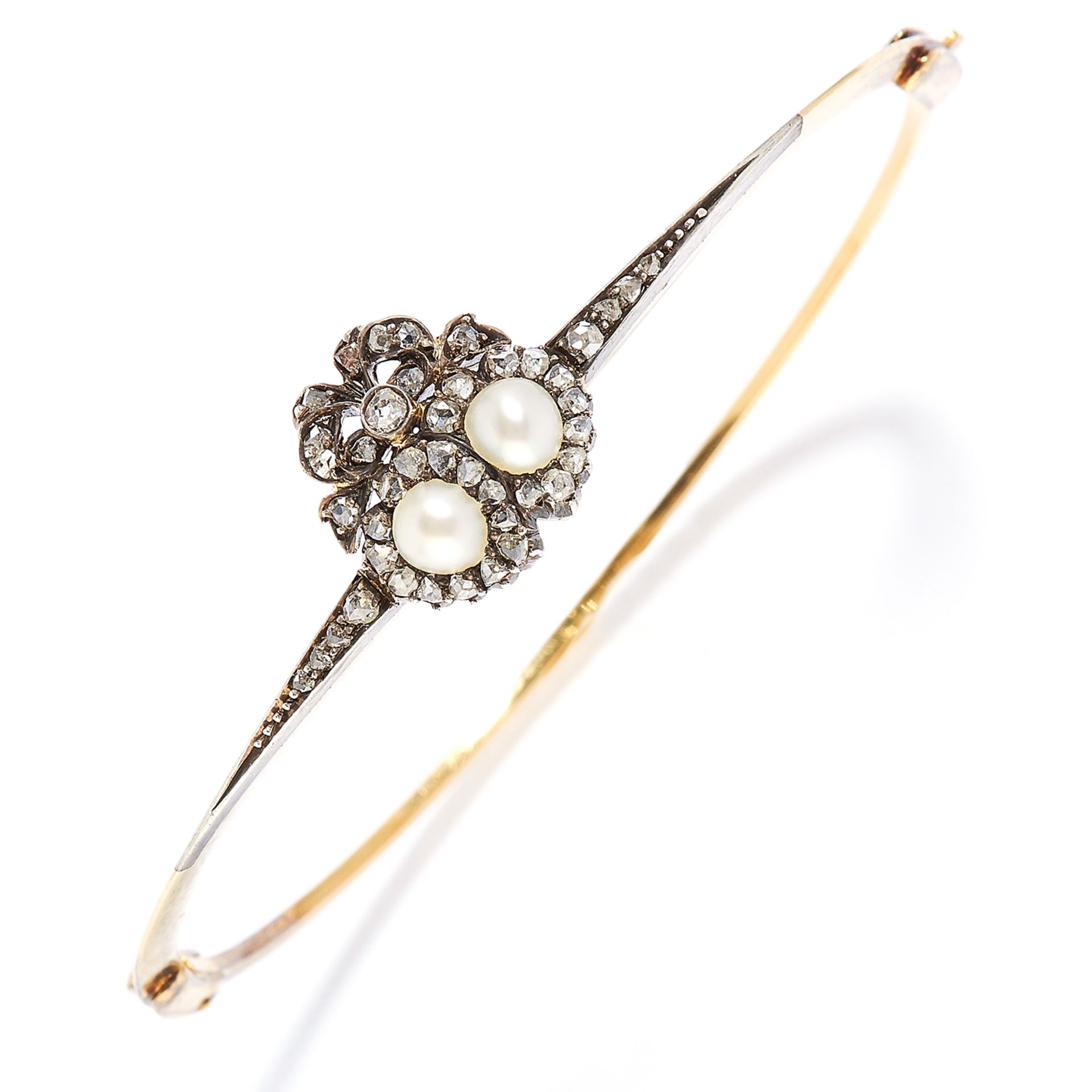 ANTIQUE PEARL AND DIAMOND SWEETHEART BANGLE in yellow gold and silver, in ribbon and heart motif set