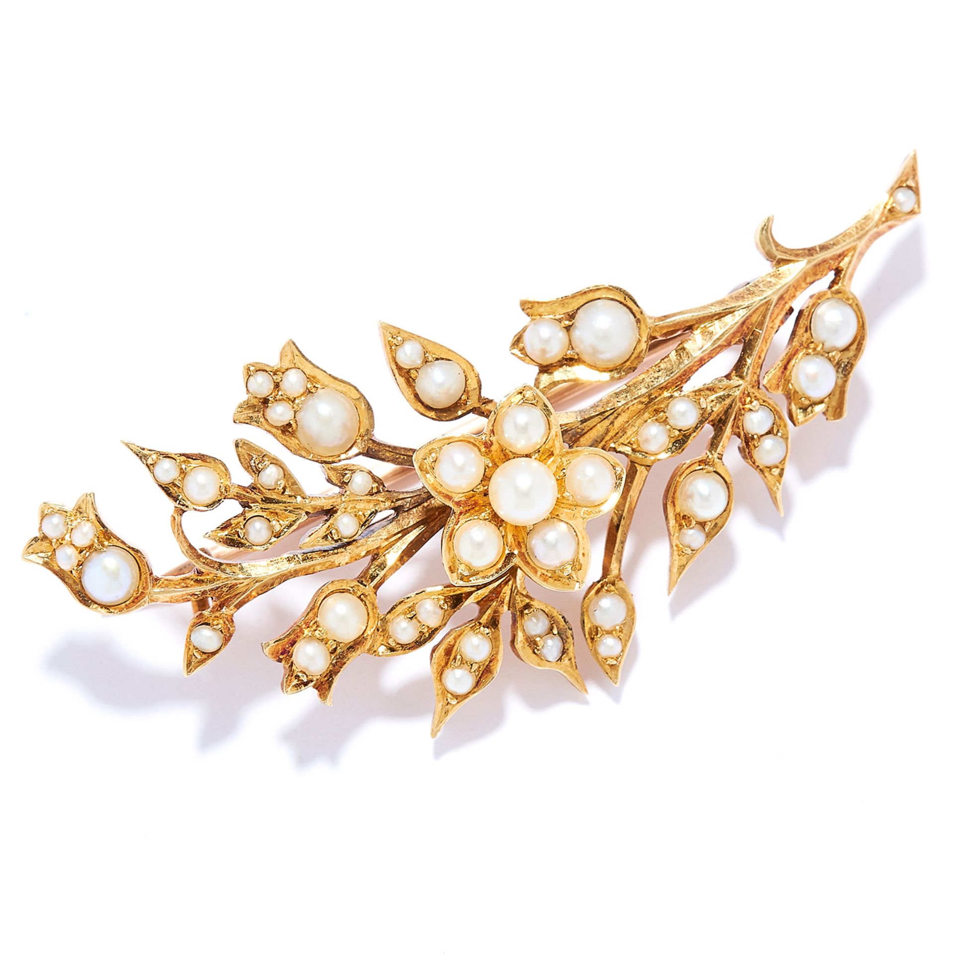 ANTIQUE SEED PEARL BROOCH in 15CT yellow gold, in flower spray motif set with seed pearls, stamped