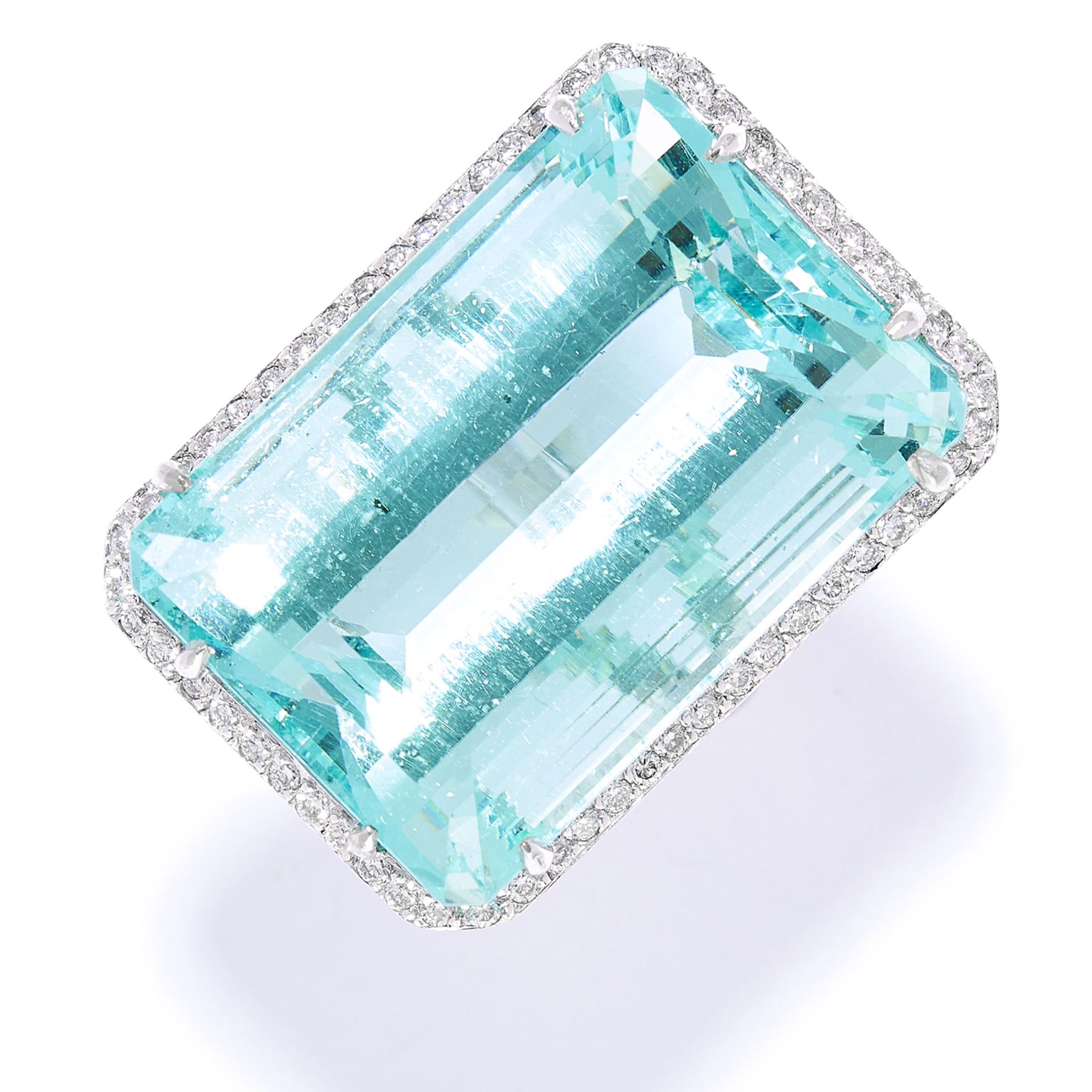 66.00 CARAT AQUAMARINE AND DIAMOND COCKTAIL RING in 18ct white gold, set with an emerald cut