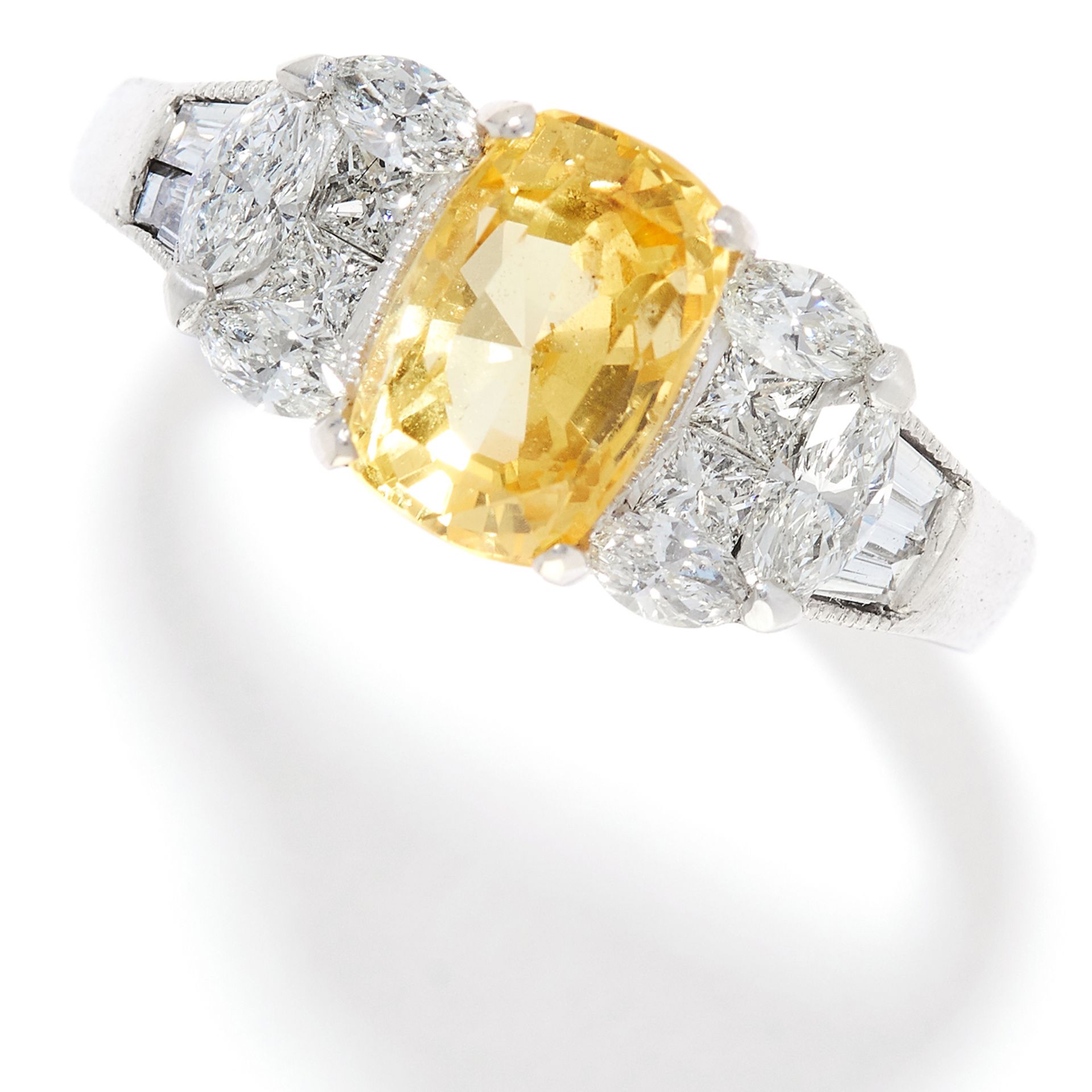 3.06 CARAT YELLOW SAPPHIRE AND DIAMOND RING in 18ct white gold, set with an oval cushion cut