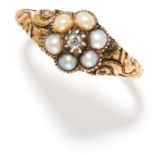 ANTIQUE PEARL AND DIAMOND RING in yellow gold, set with an old cut diamond in a cluster of pearls,