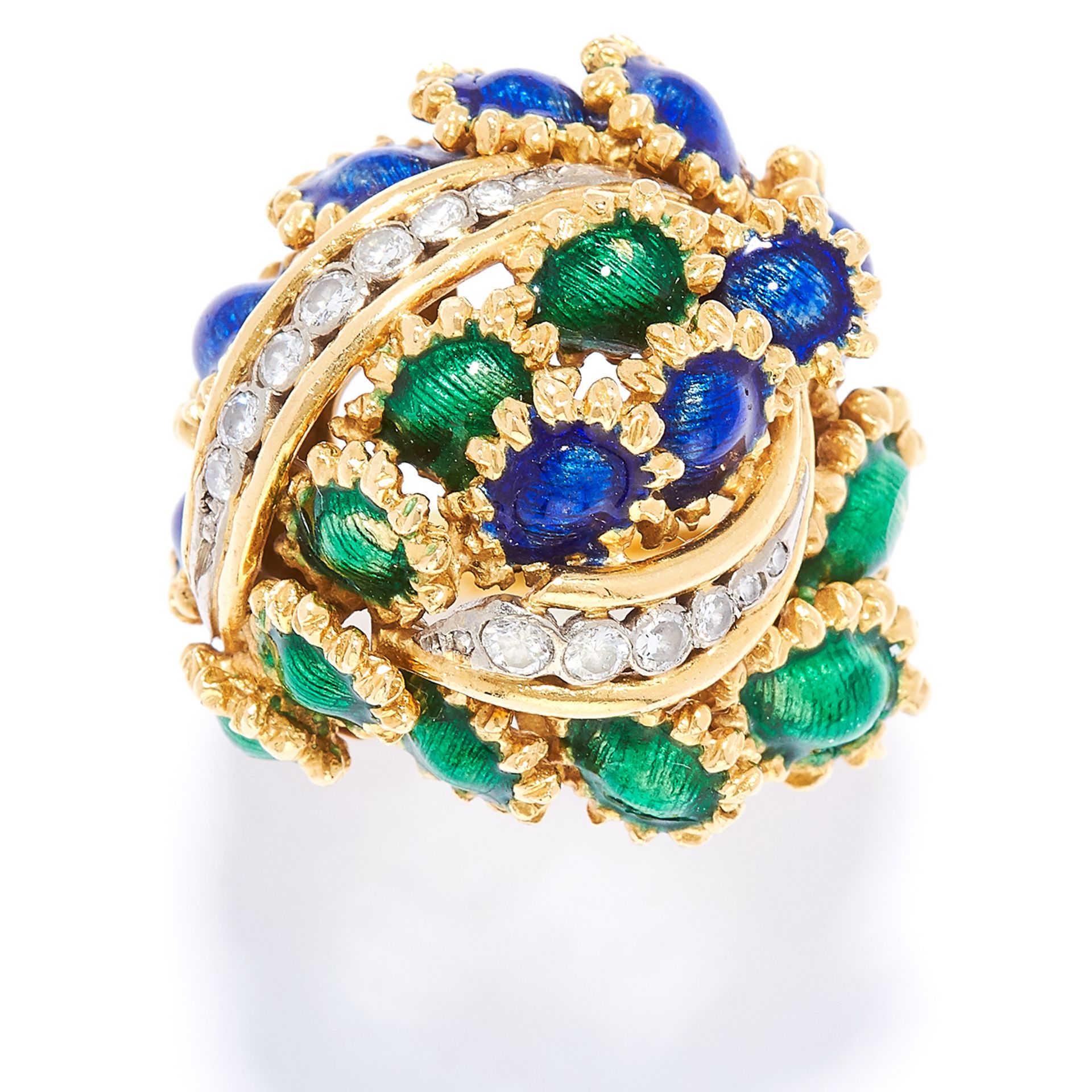 DIAMOND AND ENAMEL BOMBE RING, KUTCHINSKY, CIRCA 1969 in 18ct yellow gold, jewelled with curved rows