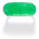 JADEITE JADE DRESS RING in 18ct white gold, set with an elongated oval jade cabochon, stamped 750,