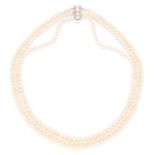 THREE ROW PEARL NECKLACE in 14ct white gold, comprising of three rows of pearl, on