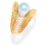 VINTAGE PEARL DRESS RING in 18ct yellow gold, the stylised wirework body set with a drop shaped