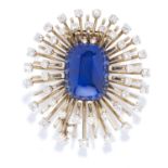 14.00 CARAT BURMA NO HEAT SAPPHIRE AND DIAMOND BROOCH in 18ct gold or platinum, comprising of a