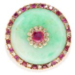 BURMA NO HEAT RUBY, DIAMOND AND JADEITE JADE BROOCH in 18ct yellow gold, the polished circular piece