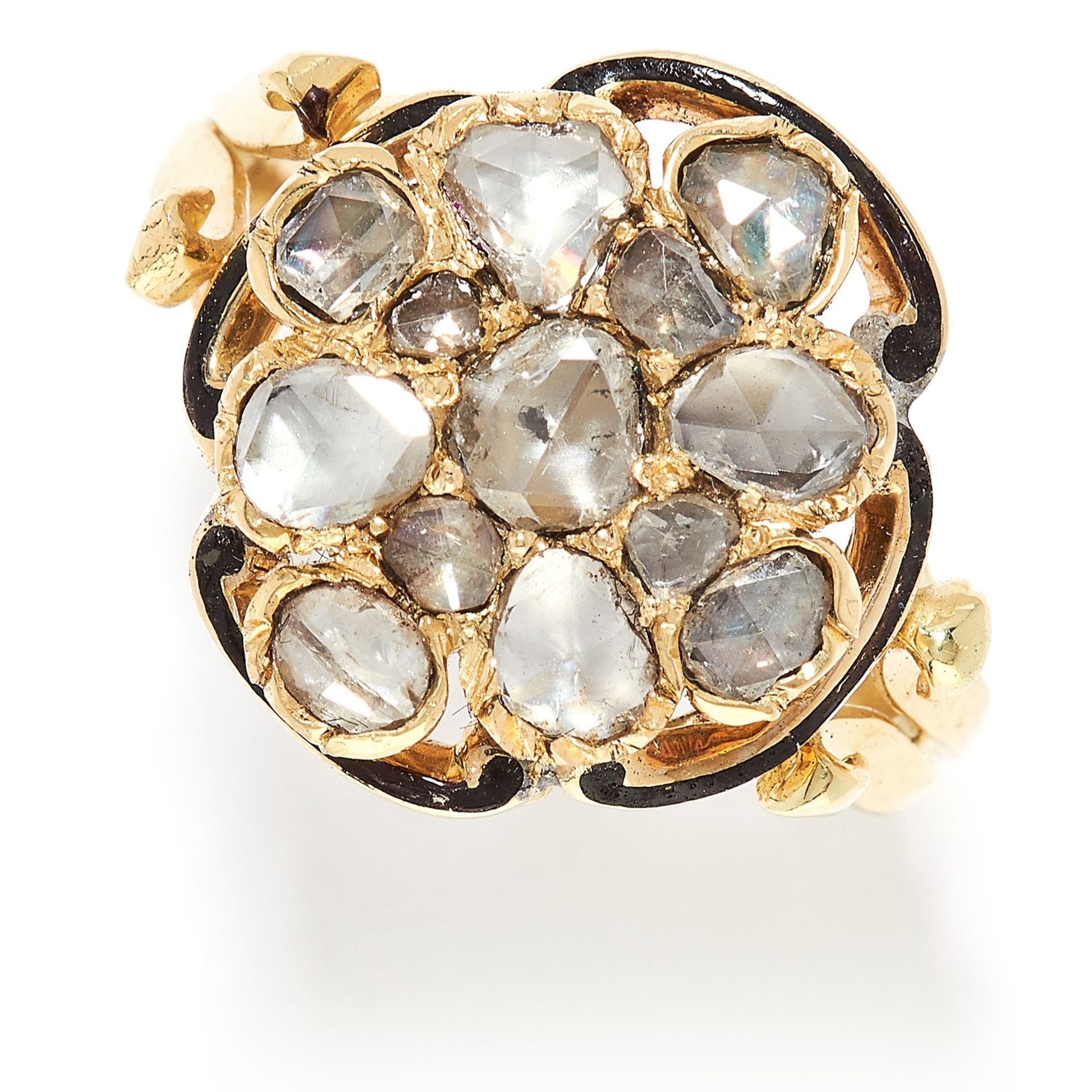 ANTIQUE DIAMOND AND ENAMEL CLUSTER RING in high carat yellow gold, set with a cluster of rose cut