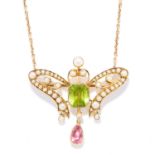 ANTIQUE ART NOUVEAU PERIDOT, PINK TOURMALINE AND PEARL BROOCH / PENDANT in high carat yellow gold,