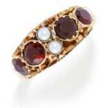 ANTIQUE GARNET AND PEARL RING in yellow gold, set with four round cut garnets and two seed pearls,