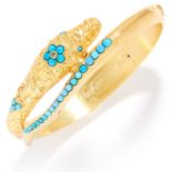 ANTIQUE TURQUOISE AND DIAMOND SERPENT / SNAKE MOURNING BANGLE, 19TH CENTURY in high carat yellow