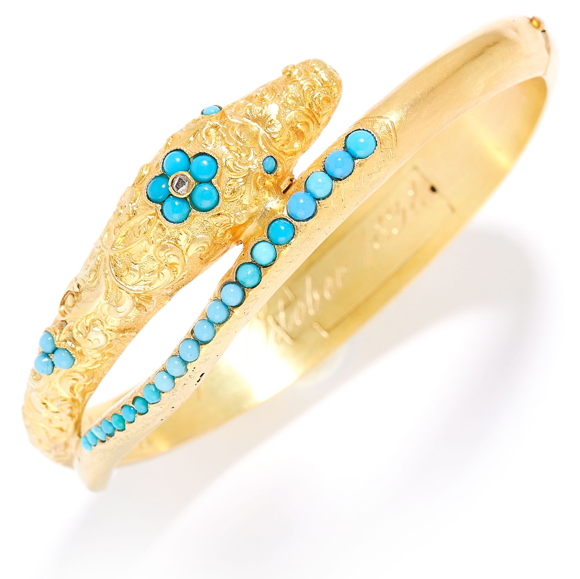 ANTIQUE TURQUOISE AND DIAMOND SERPENT / SNAKE MOURNING BANGLE, 19TH CENTURY in high carat yellow