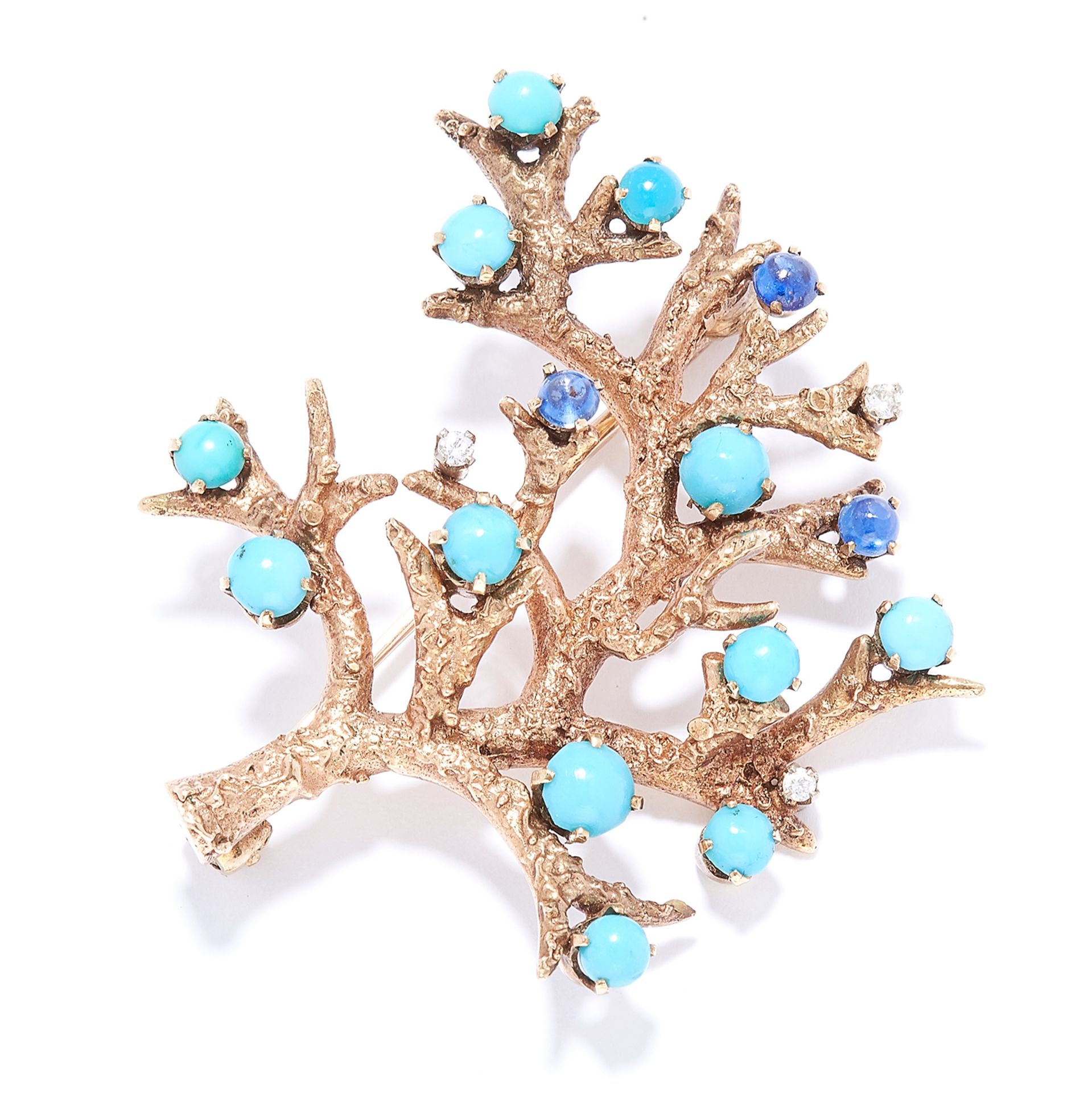 VINTAGE TURQUOISE, SAPPHIRE AND DIAMOND BRANCH BROOCH, H G MAUTNER, 1968 in yellow gold, depicting a