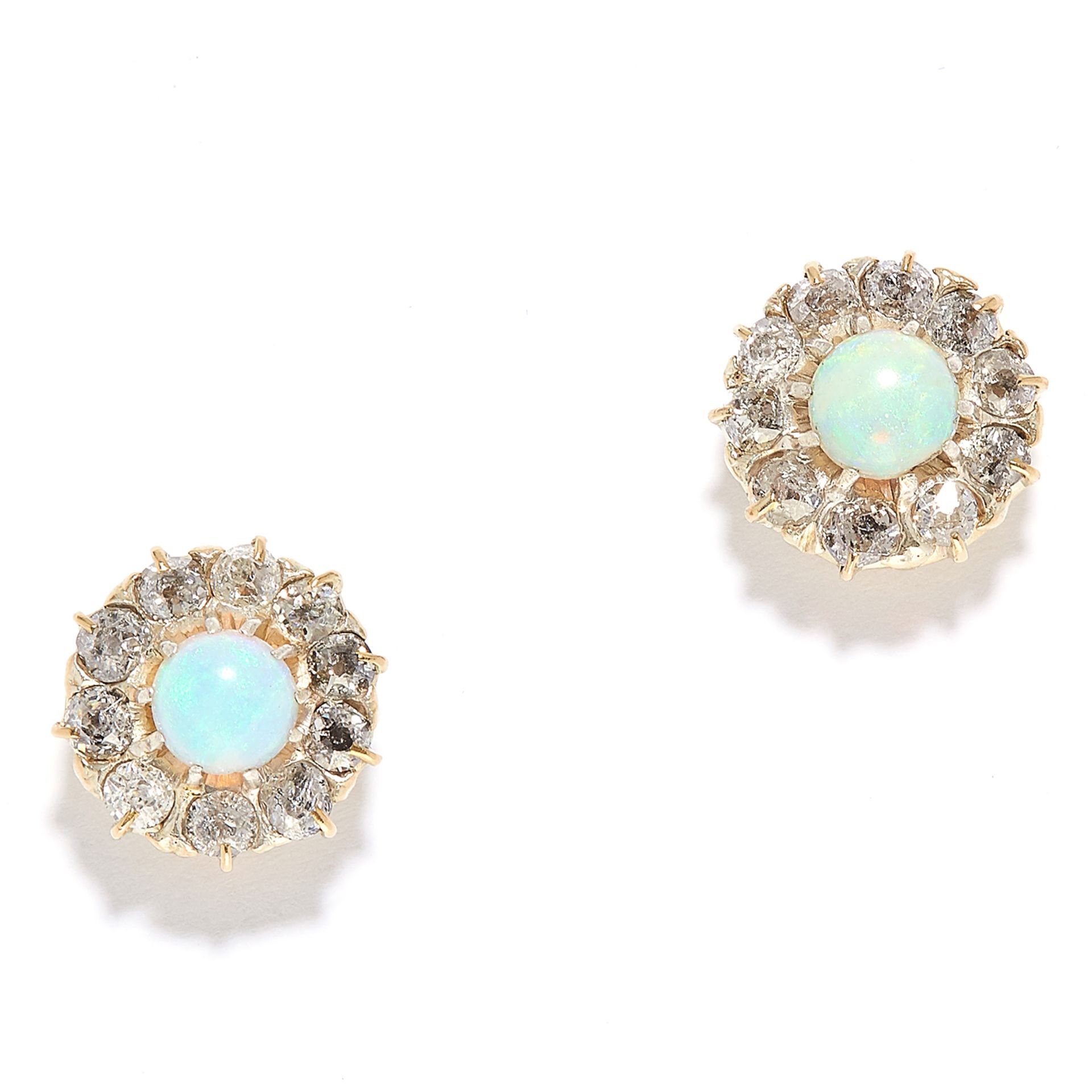 OPAL AND DIAMOND CLUSTER STUD EARRINGS in 18ct yellow gold, each set with a cabochon opal in a