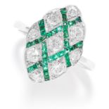 EMERALD AND DIAMOND RING in white gold or platinum, the marquise face is set with round cut diamonds