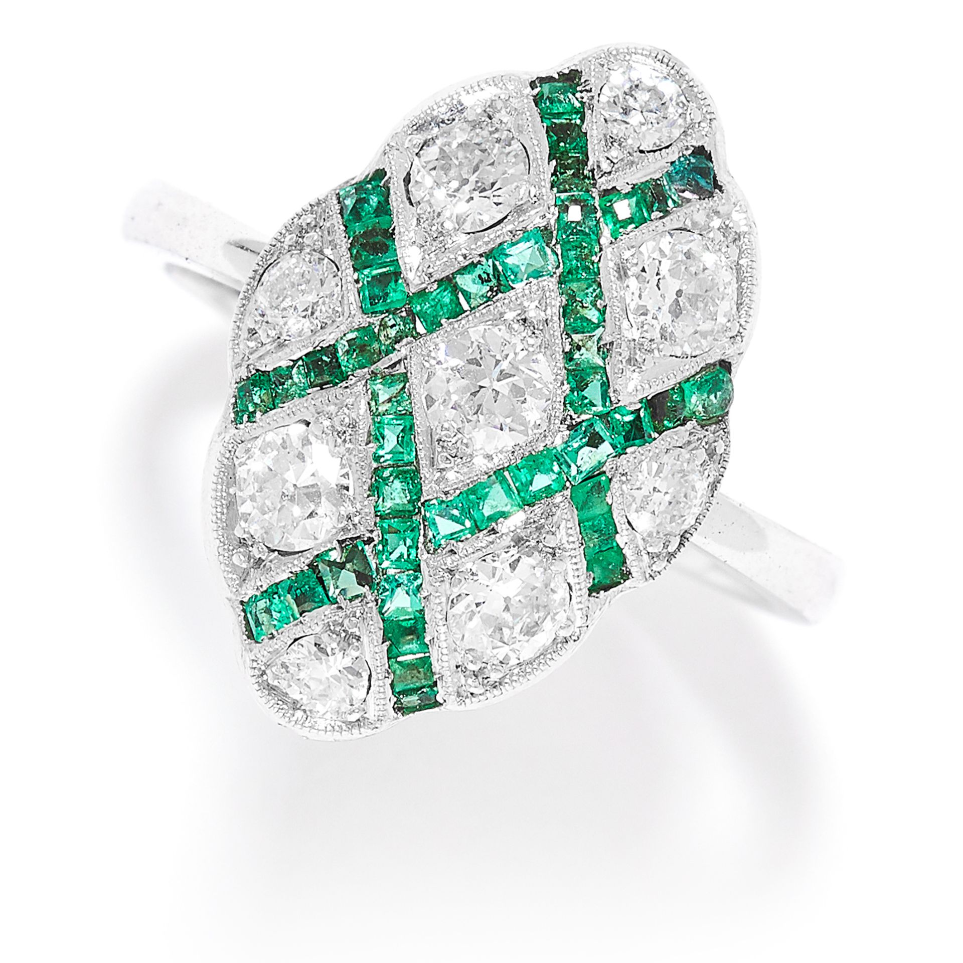 EMERALD AND DIAMOND RING in white gold or platinum, the marquise face is set with round cut diamonds