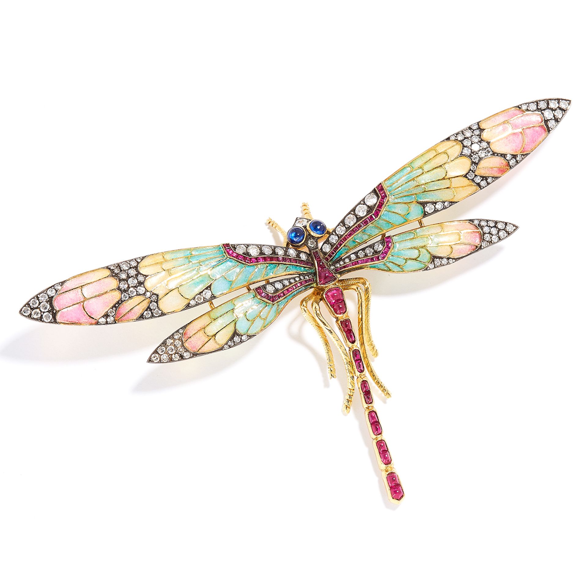 ANTIQUE ART NOUVEAU RUBY, SAPPHIRE, ENAMEL AND DIAMOND DRAGONFLY BROOCH in high carat yellow gold,