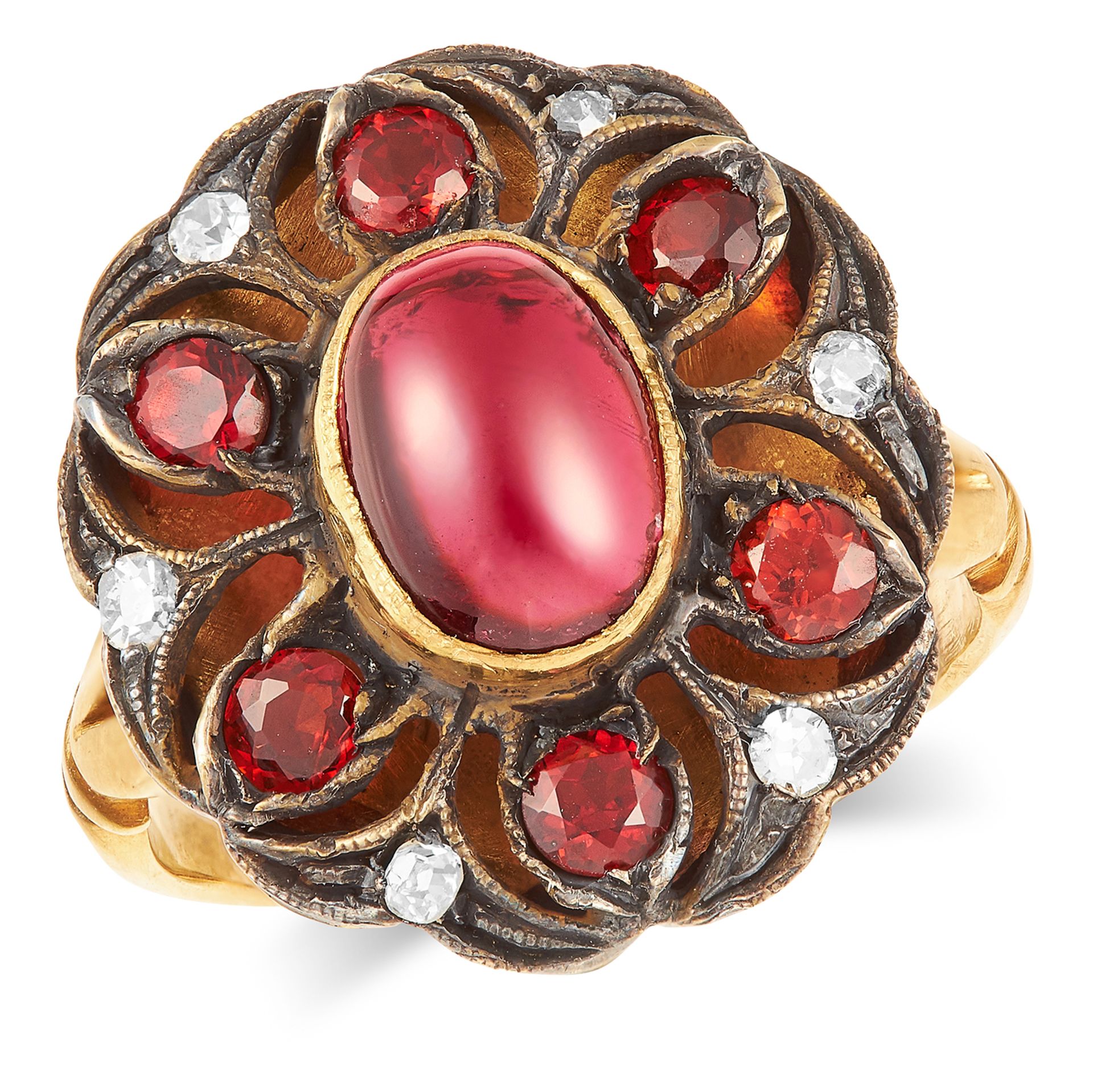 GARNET AND DIAMOND CLUSTER RING in yellow gold, set with round and cabochon cut garnets and round