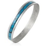 A MIXED LOT OF SILVER JEWELLERY comprising of three silver bangles, one jewelled with turquoise, and