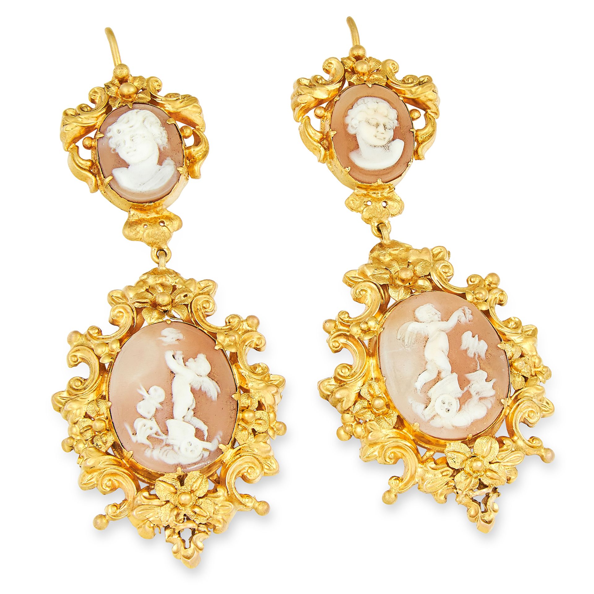 ANTIQUE VICTORIAN CAMEO EARRINGS in high carat yellow gold, each comprising of two carved cameos