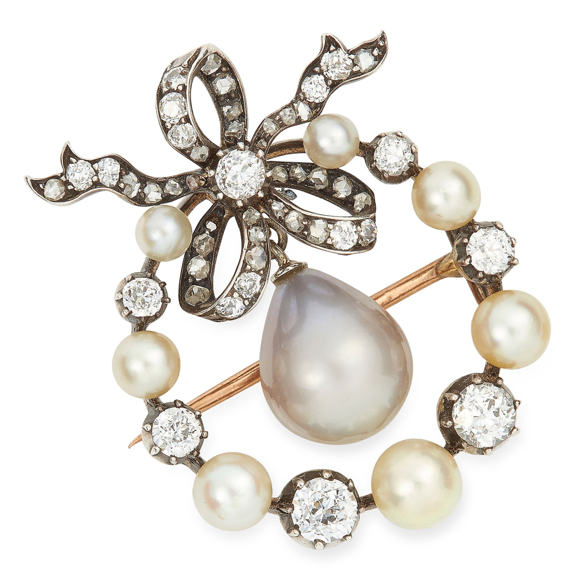 ANTIQUE NATURAL SALTWATER PEARL AND DIAMOND BOW BROOCH / PENDANT in 18ct white gold or platinum, set