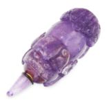 CARVED AMETHYST SCENT BOTTLE depicting a lion, 51.9g.