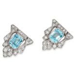 ANTIQUE ART DECO BLUE ZIRCON AND DIAMOND CLIPS in 18ct white gold or platinum, each set with an