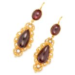 ANTIQUE VICTORIAN GARNET AND PEARL EARRINGS in high carat yellow gold, each set with two cabochon