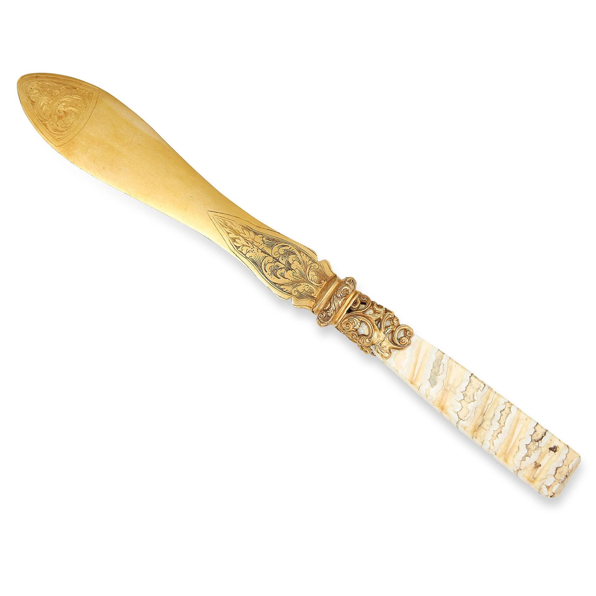 SILVER GILT AND HARDSTONE LETTER OPENER / PAPER KNIFE with engraved foliate motif, 23cm, 68.49g.