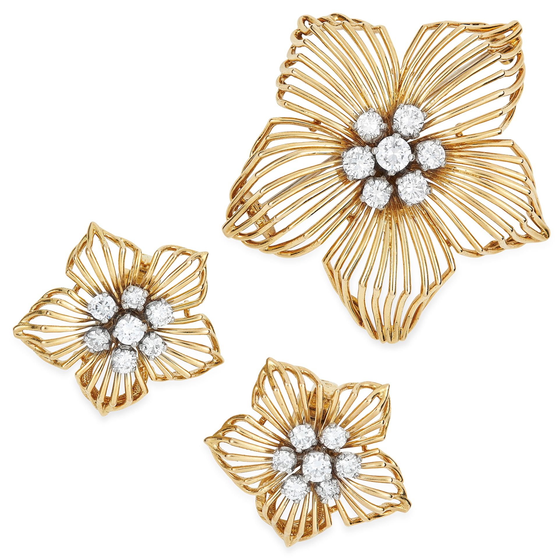 VINTAGE DIAMOND EARRINGS AND BROOCH SUITE, CARTIER in 18ct yellow gold, depicting a flower set