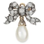 ANTIQUE NATURAL SALTWATER PEARL AND DIAMOND BOW BROOCH in yellow gold, set with old cut diamonds