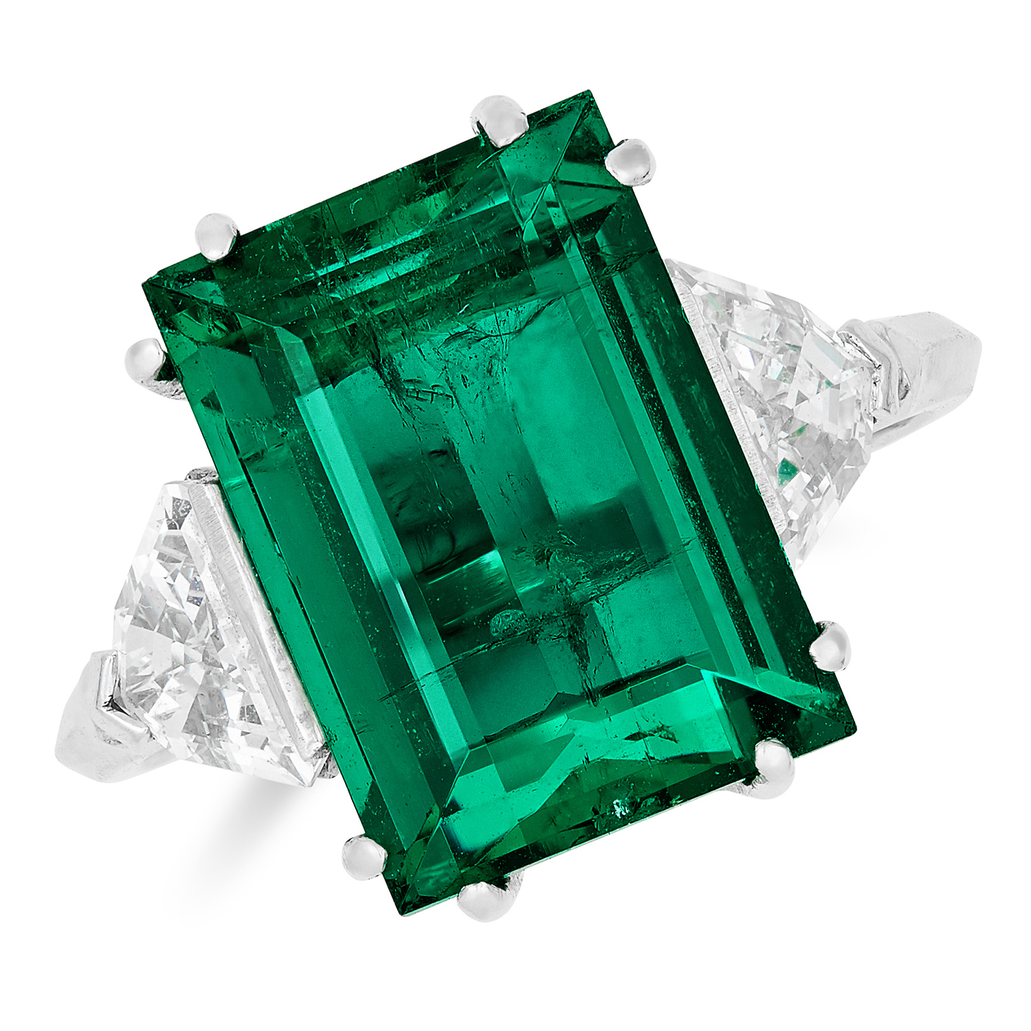 7.19 CARAT COLOMBIAN EMERALD AND DIAMOND RING in 18ct white gold, comprising of a step cut