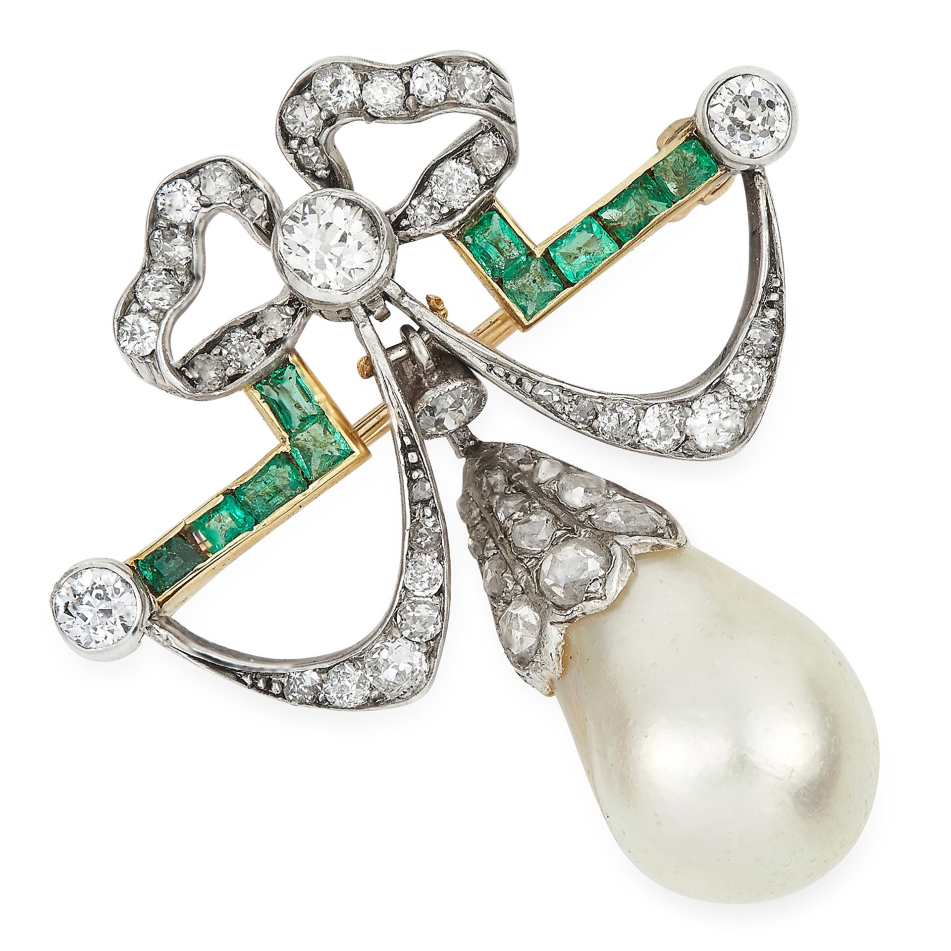 ANTIQUE ART DECO NATURAL SALTWATER PEARL, DIAMOND AND EMERALD BOW BROOCH in high carat yellow