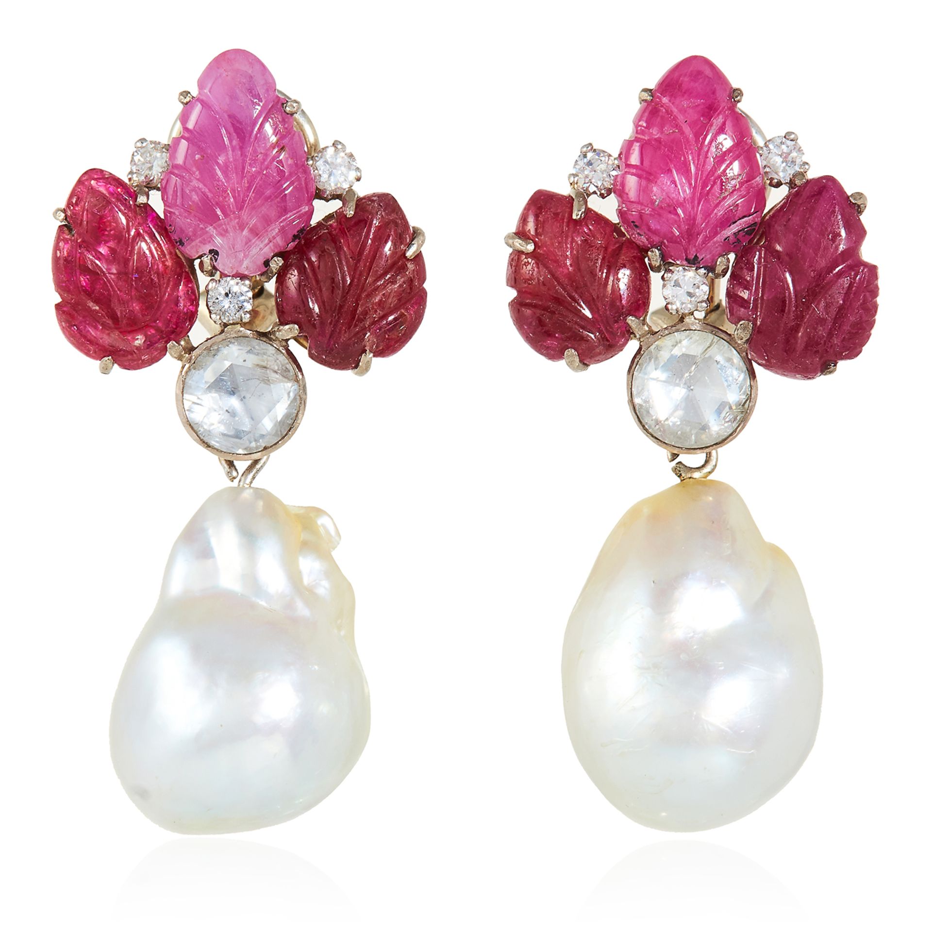 PEARL, RUBY AND DIAMOND EARRINGS in platinum or white gold, each suspending a baroque pearl below