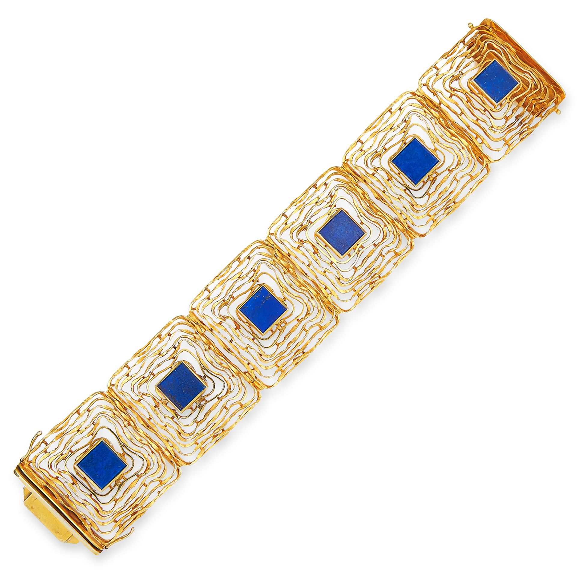 VINTAGE LAPIS LAZULI BRACELET in 14ct yellow gold, in Modernist design set with faceted lapis